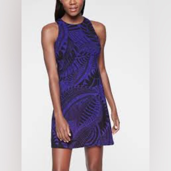 Athleta Santorini Blue black Leaf Print High Neck Dress Small Sleeveless casual - Picture 1 of 11
